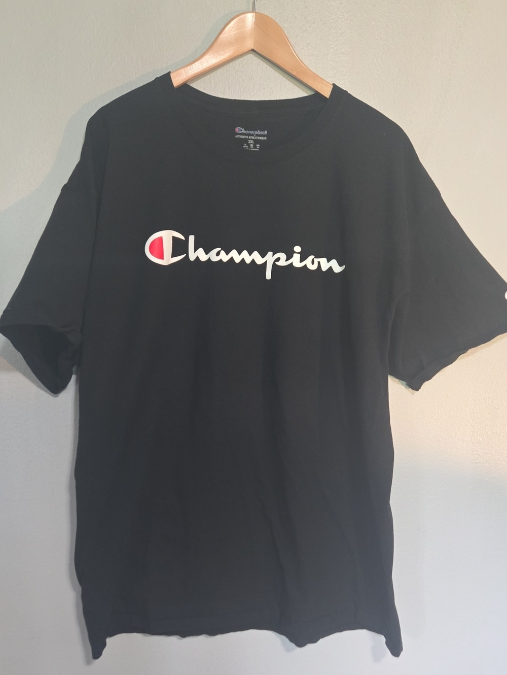Mens Champion Black Tee with White Script Logo and Red Accent In Size Xxl
